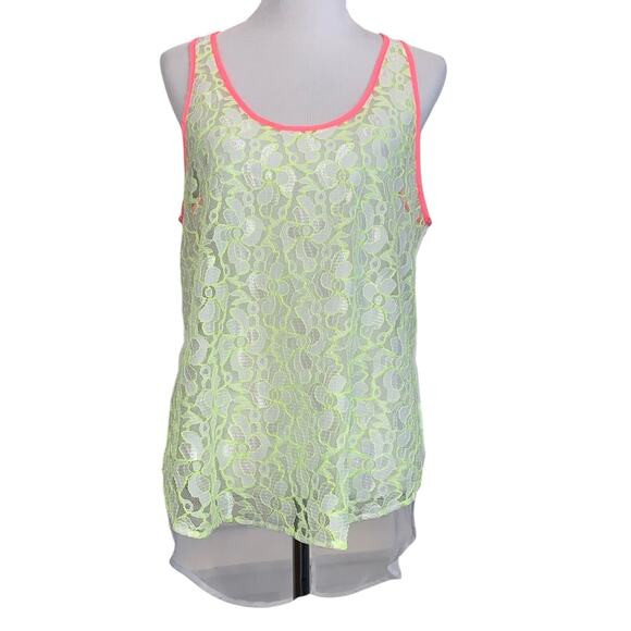 LUSH Hi-Lo Split Back Neon Lace Sheer Tank Sz Large - Picture 1 of 6
